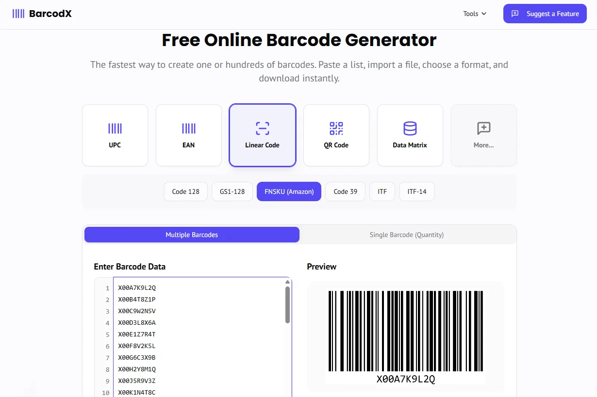 Step-by-step guide on using a free Amazon FNSKU generator to create a Code 128 barcode for FBA inventory.