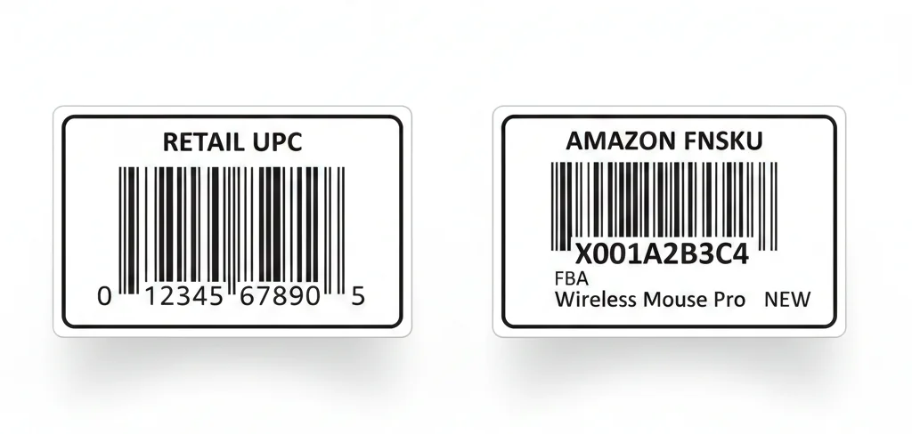 Comparison between a retail UPC barcode and an Amazon FNSKU X00-series label for fulfillment center tracking.