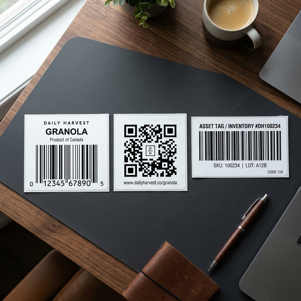 Comparison chart showing different barcode types such as Code 128, QR, and EAN