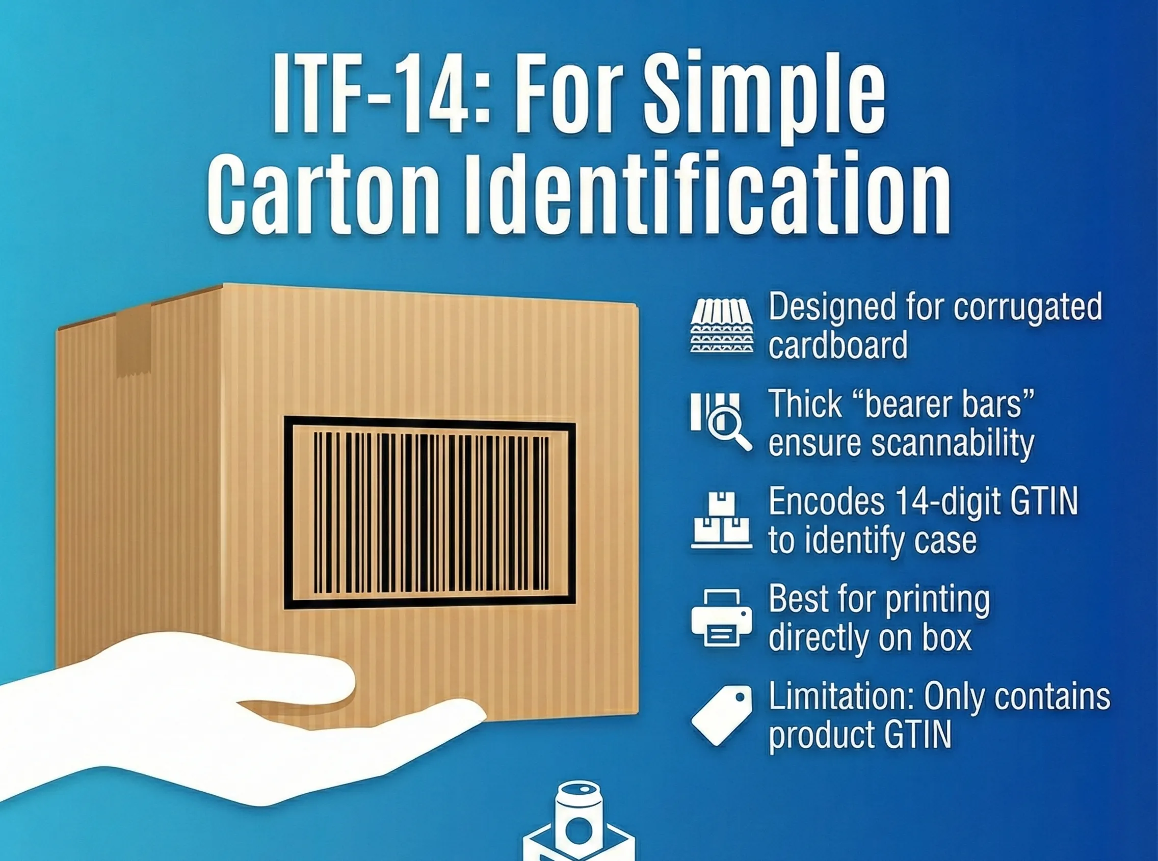 Infographic illustrating the ITF-14 barcode, specifically designed for direct printing on corrugated cardboard to identify shipping cartons and cases using a 14-digit GTIN.