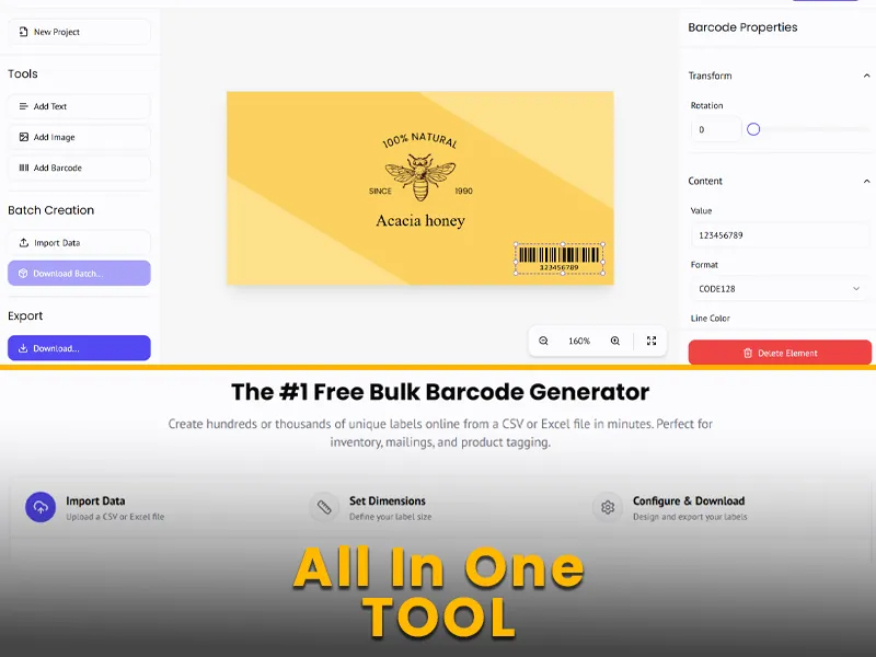 The interface of a free bulk barcode generator online showing label design.