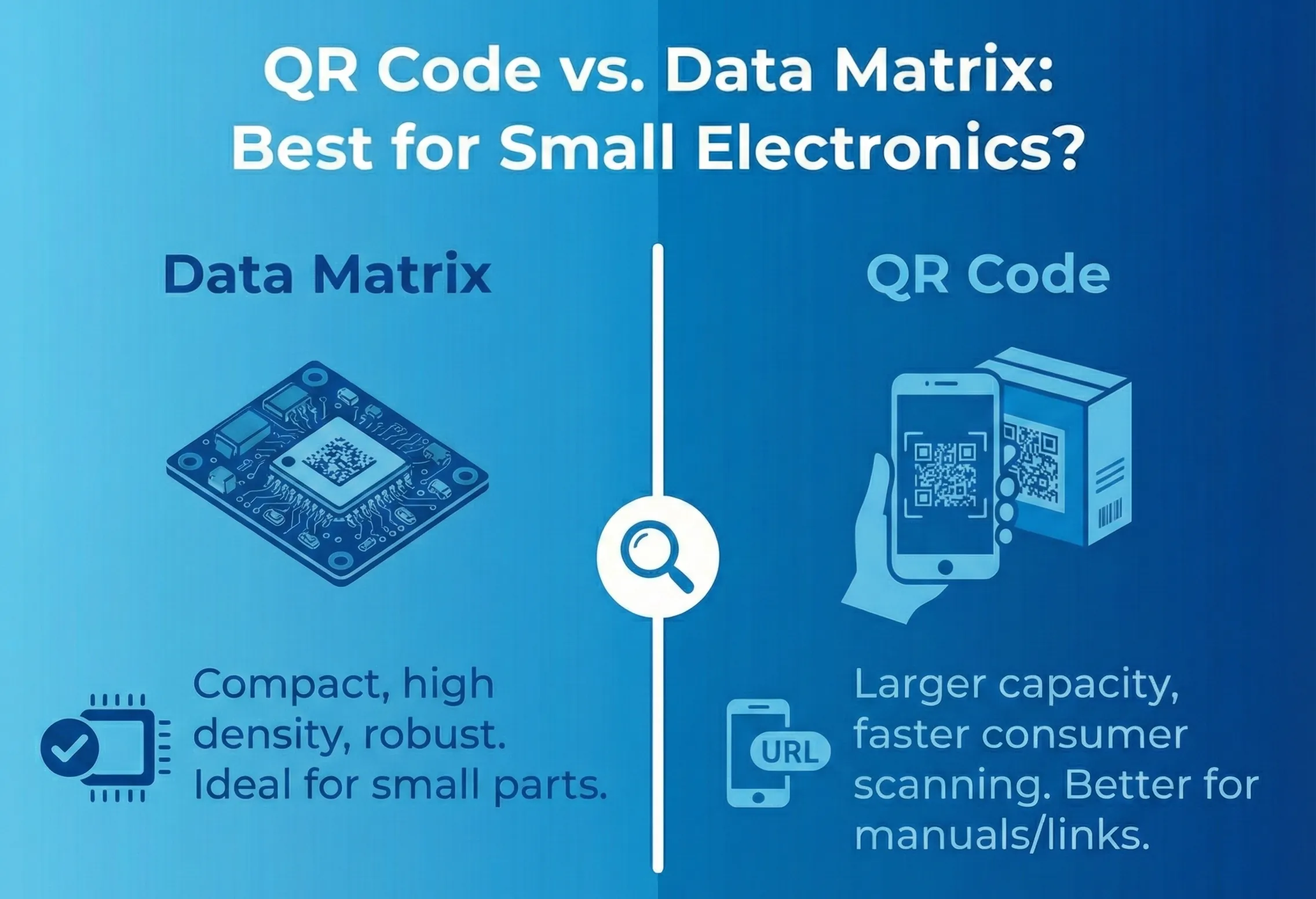 Infographic comparing QR Codes and Data Matrix barcodes, highlighting why Data Matrix is the superior standard for small electronics and PCBs due to its extreme compactness and high data density on tiny components.