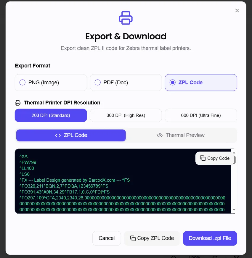 Zebra ZPL II Code Export Phase Modal